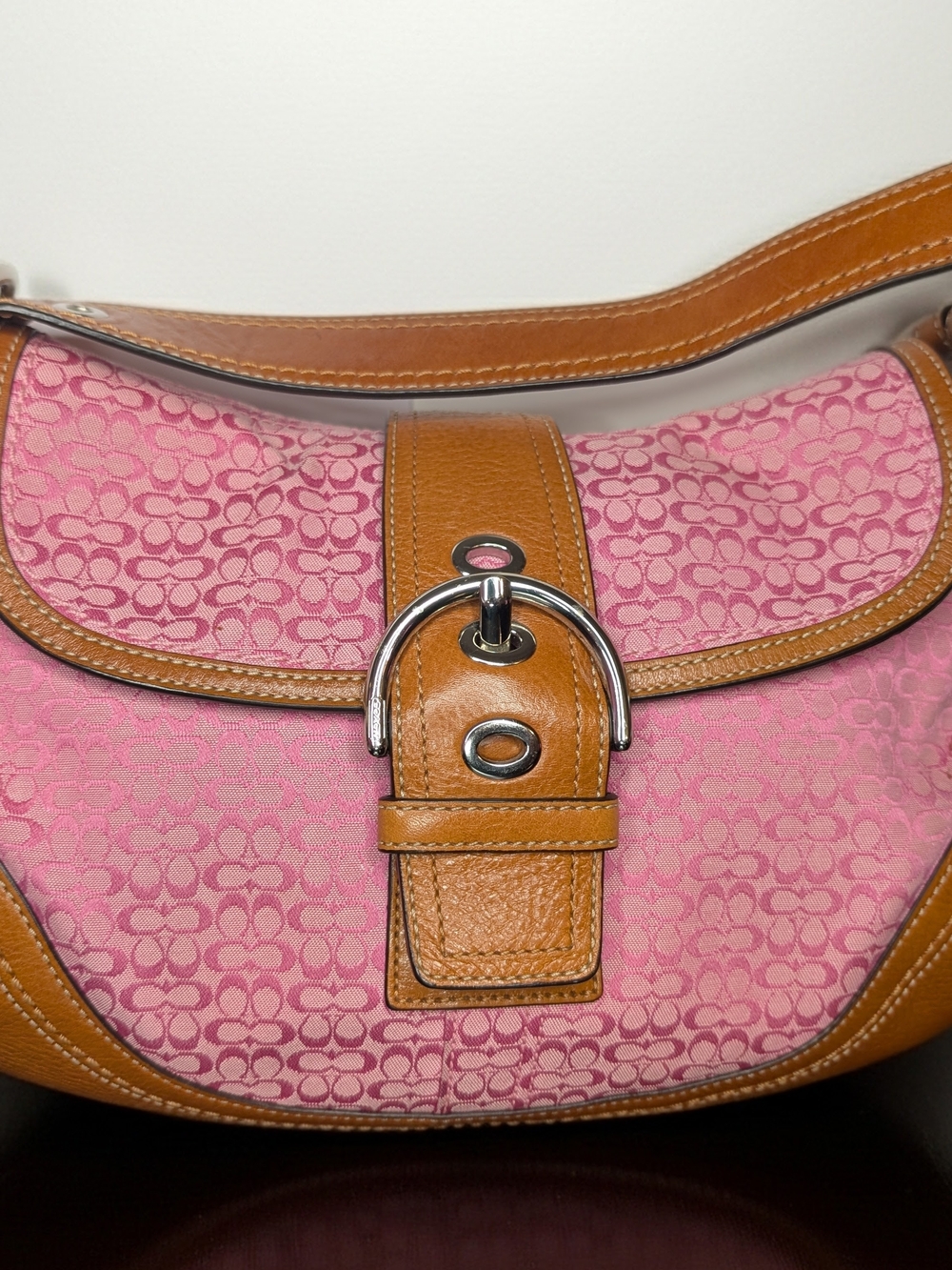 Coach Pink Signature Canvas Saddle Bag with Tan Leather Trim